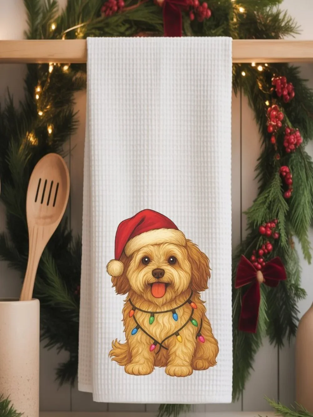 Havanese Christmas Lights Decorative Kitchen Tea Towel